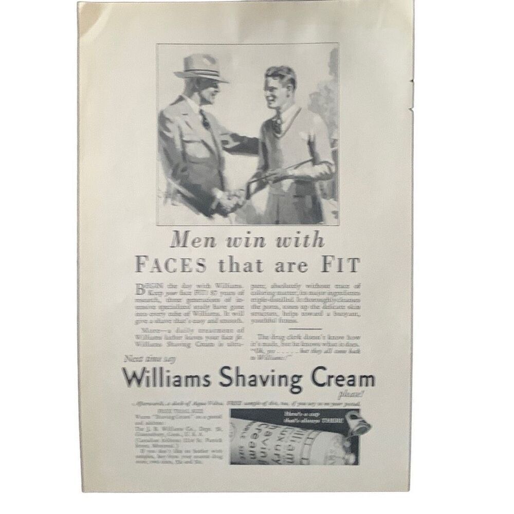 Vintage 1927 Williams Shaving Cream Men Win Ad Advertisement